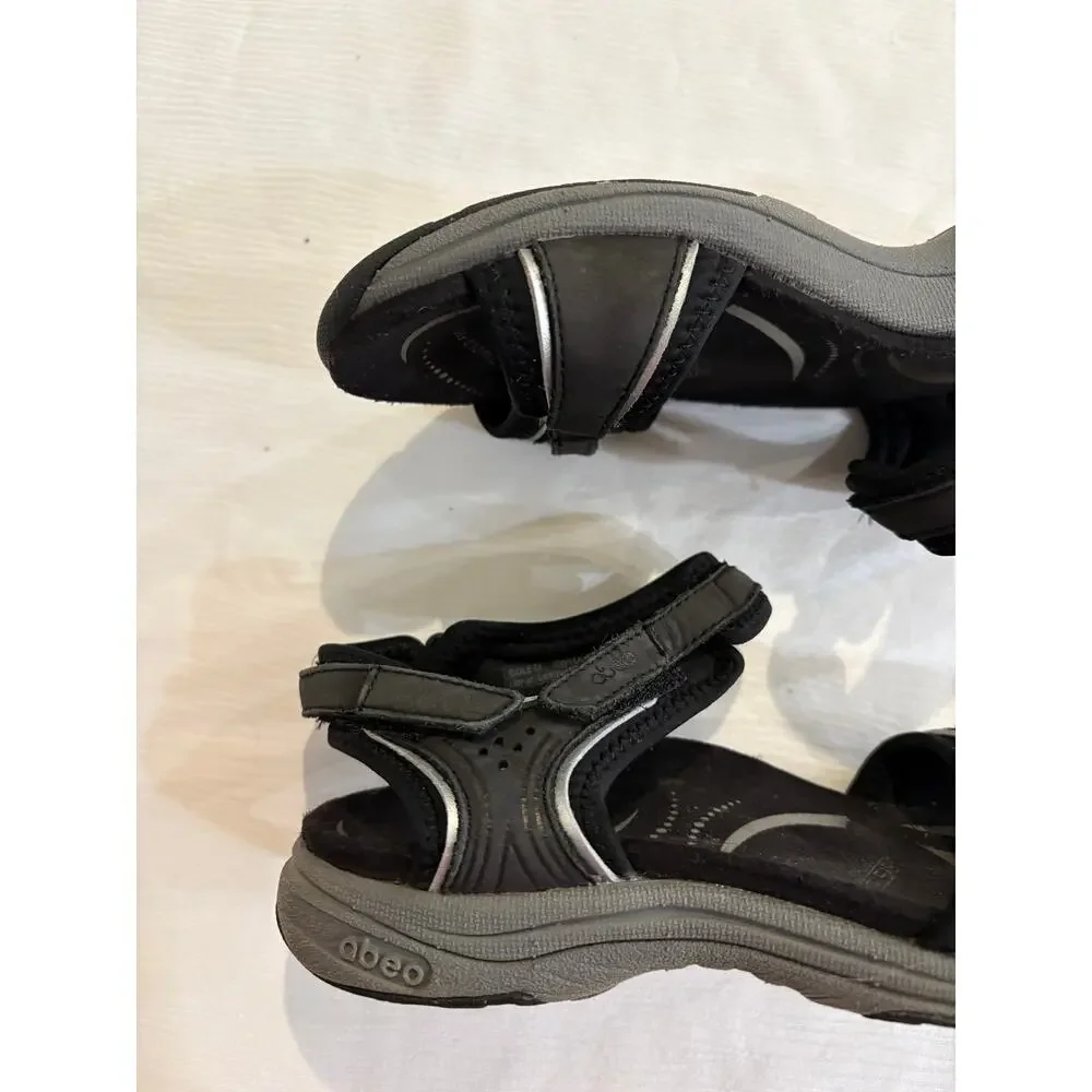 Abeo Goleta Sandals Black Silver Trim Leather Comfort Thong Womens 6 Narrow
